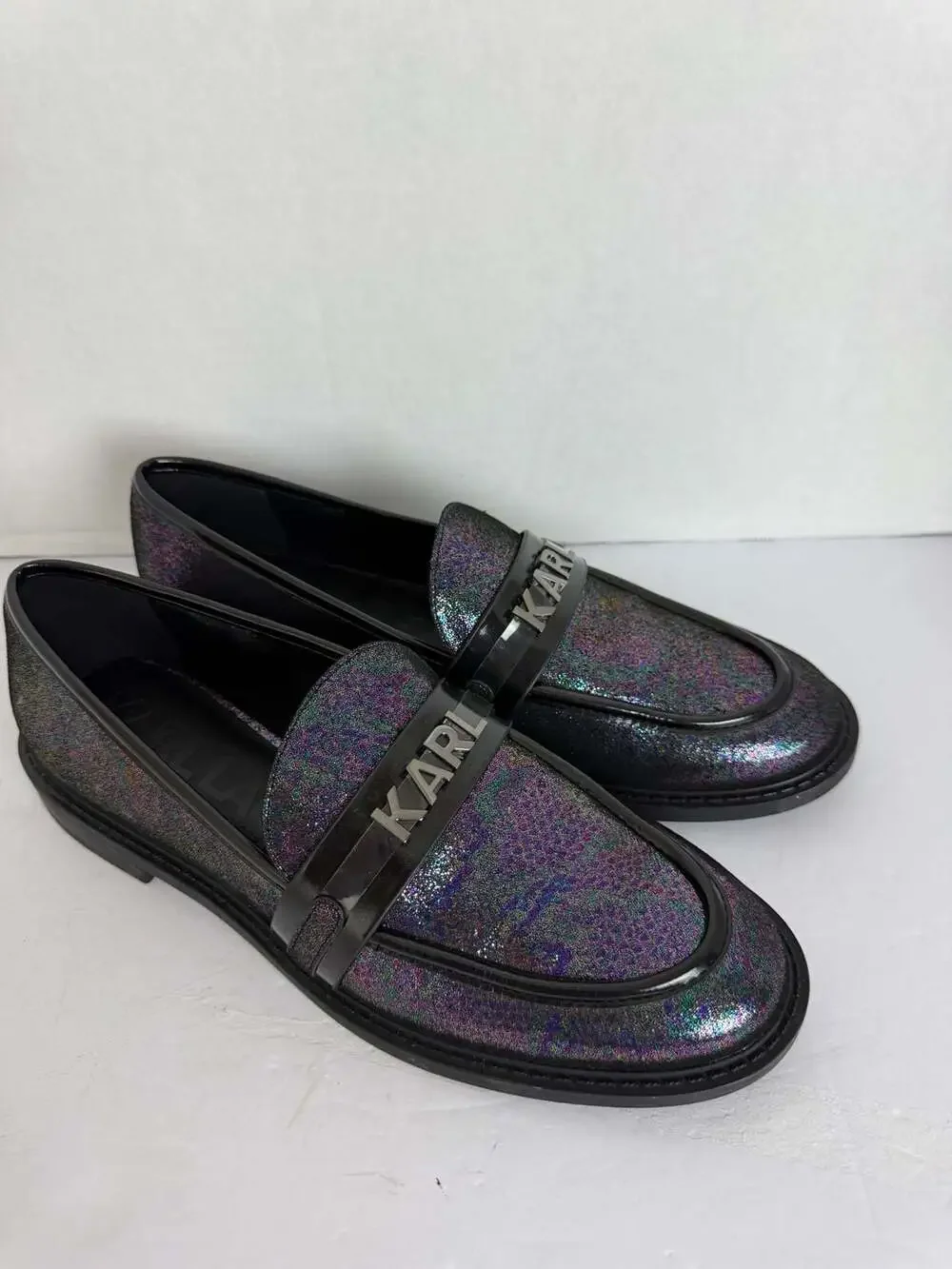 Karl Lagerfeld Paris Randall Iridescent Glitter Loafers with Metal Logo